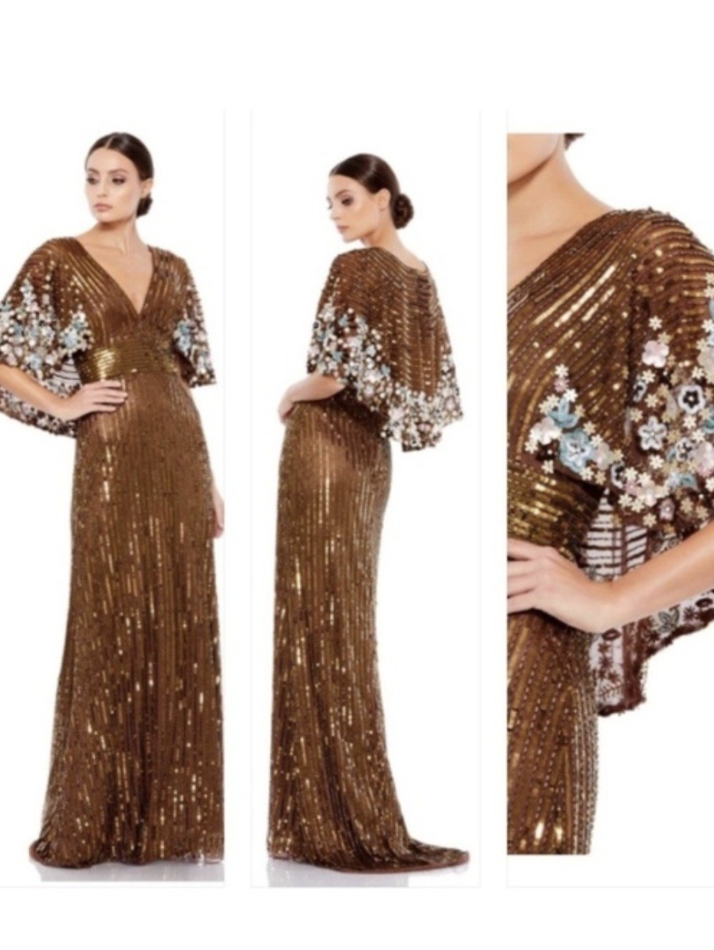 Mac Duggal Metallic Gold Sequin Maxi With Floral Embellished Cape